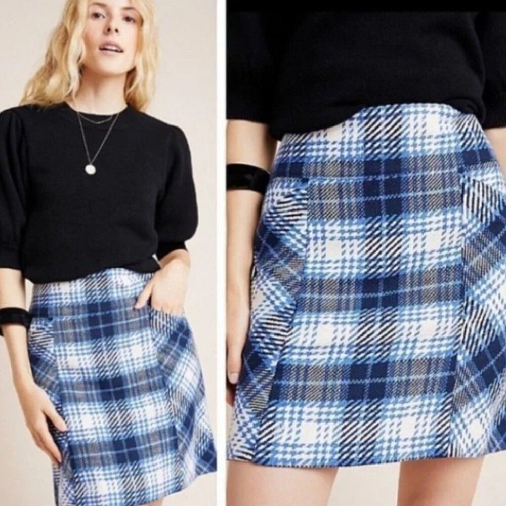 Maeve Skirt Women 0 Blue Plaid A-Line Cotton Preppy Academia Office Chic Y2K